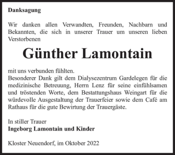 Traueranzeige von Günther Lamontain  von Magdeburger Volksstimme