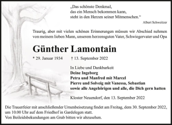 Traueranzeige von Günther Lamontain  von Magdeburger Volksstimme