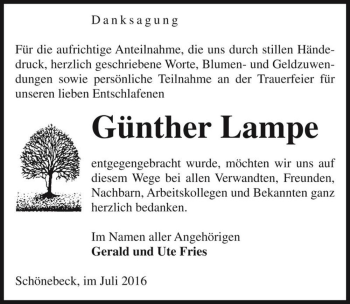 Traueranzeige von Günther Lampe  von Magdeburger Volksstimme