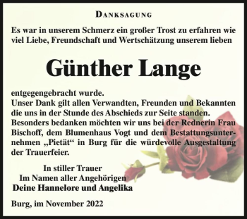 Traueranzeige von Günther Lange  von Magdeburger Volksstimme