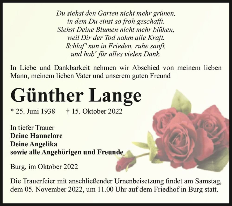  Traueranzeige für Günther Lange  vom 22.10.2022 aus Magdeburger Volksstimme