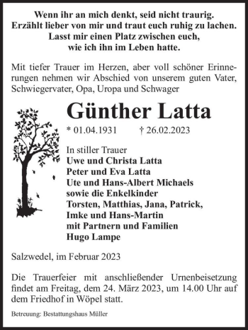 Traueranzeige von Günther Latta  von Magdeburger Volksstimme