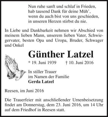 Traueranzeige von Günther Latzel  von Magdeburger Volksstimme