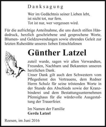 Traueranzeige von Günther Latzel  von Magdeburger Volksstimme