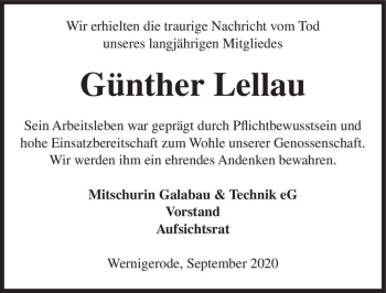 Traueranzeige von Günther Lellau  von Magdeburger Volksstimme