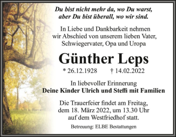 Traueranzeige von Günther Leps  von Magdeburger Volksstimme