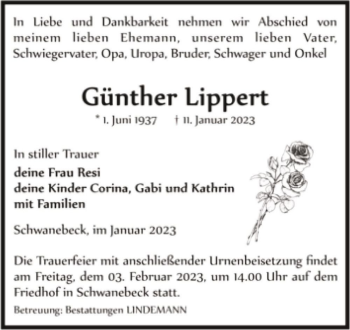 Traueranzeige von Günther Lippert  von Magdeburger Volksstimme