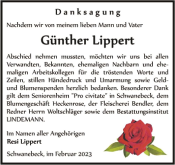 Traueranzeige von Günther Lippert  von Magdeburger Volksstimme
