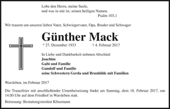 Traueranzeige von Günther Mack  von Magdeburger Volksstimme