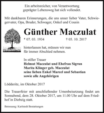 Traueranzeige von Günther Maczulat  von Magdeburger Volksstimme