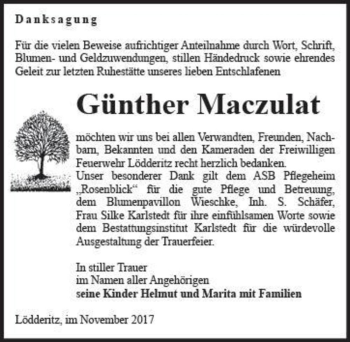 Traueranzeige von Günther Maczulat  von Magdeburger Volksstimme