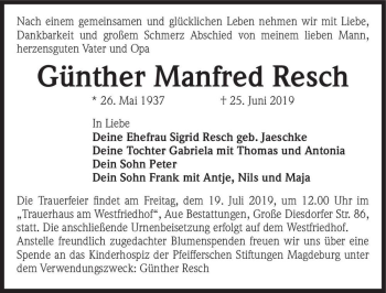 Traueranzeige von Günther Manfred Resch  von Magdeburger Volksstimme