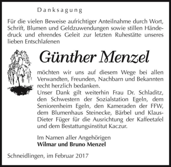 Traueranzeige von Günther Menzel  von Magdeburger Volksstimme
