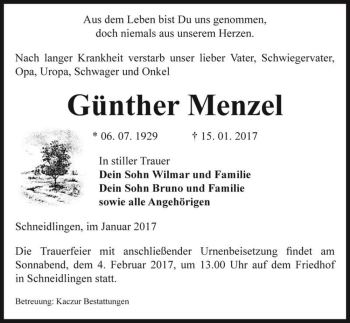 Traueranzeige von Günther Menzel  von Magdeburger Volksstimme