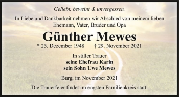 Traueranzeige von Günther Mewes  von Magdeburger Volksstimme