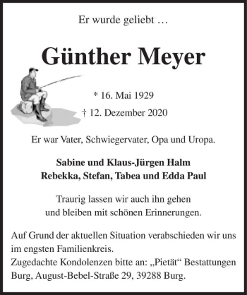 Traueranzeige von Günther Meyer  von Magdeburger Volksstimme