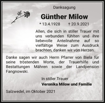 Traueranzeige von Günther Milow  von Magdeburger Volksstimme
