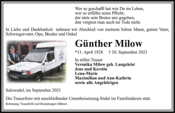 Traueranzeige von Günther Milow  von Magdeburger Volksstimme
