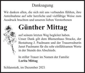 Traueranzeige von Günther Mittag  von Magdeburger Volksstimme