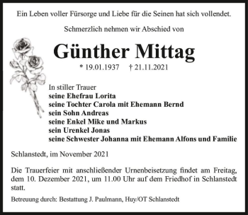 Traueranzeige von Günther Mittag  von Magdeburger Volksstimme
