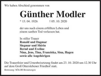 Traueranzeige von Günther Modler  von Magdeburger Volksstimme