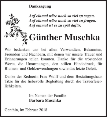 Traueranzeige von Günther Muschka  von Magdeburger Volksstimme