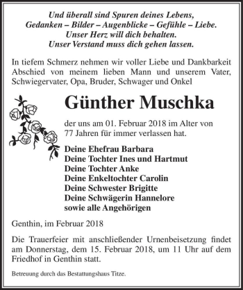 Traueranzeige von Günther Muschka  von Magdeburger Volksstimme