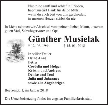 Traueranzeige von Günther Musielak  von Magdeburger Volksstimme