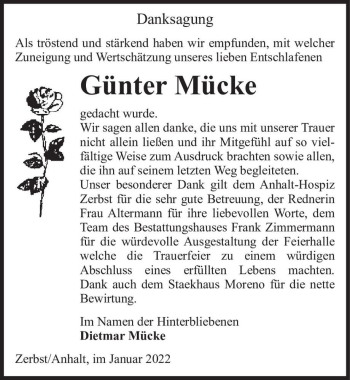 Traueranzeige von Günther Mücke  von Magdeburger Volksstimme