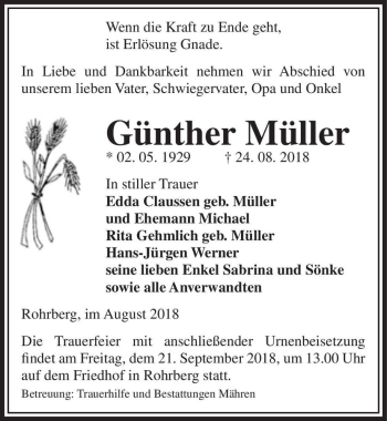 Traueranzeige von Günther Müller  von Magdeburger Volksstimme