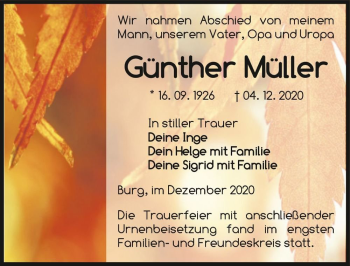 Traueranzeige von Günther Müller  von Magdeburger Volksstimme