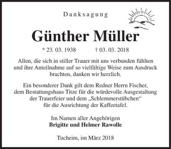 Traueranzeige von Günther Müller  von Magdeburger Volksstimme