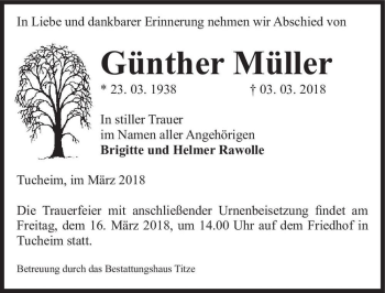 Traueranzeige von Günther Müller  von Magdeburger Volksstimme