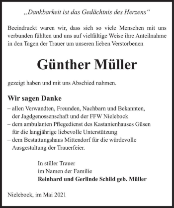 Traueranzeige von Günther Müller  von Magdeburger Volksstimme