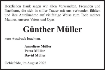 Traueranzeige von Günther Müller  von Magdeburger Volksstimme