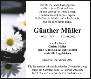 Traueranzeige von Günther Müller  von Magdeburger Volksstimme