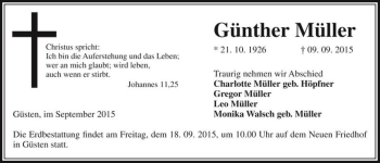 Traueranzeige von Günther Müller  von Magdeburger Volksstimme