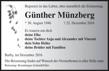 Traueranzeige von Günther Münzberg  von Magdeburger Volksstimme