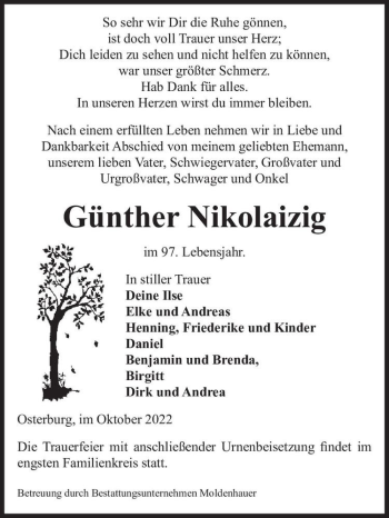 Traueranzeige von Günther Nikolaizig  von Magdeburger Volksstimme
