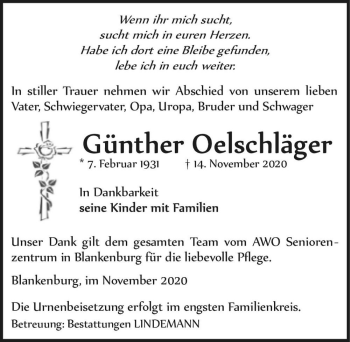 Traueranzeige von Günther Oelschläger  von Magdeburger Volksstimme