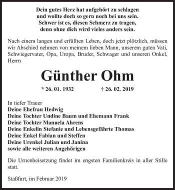 Traueranzeige von Günther Ohm  von Magdeburger Volksstimme