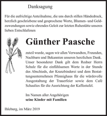 Traueranzeige von Günther Paasche  von Magdeburger Volksstimme