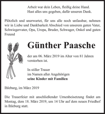 Traueranzeige von Günther Paasche  von Magdeburger Volksstimme