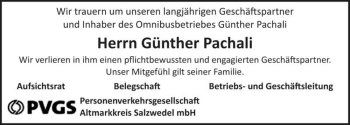 Traueranzeige von Günther Pachali  von Magdeburger Volksstimme