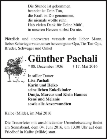 Traueranzeige von Günther Pachali  von Magdeburger Volksstimme