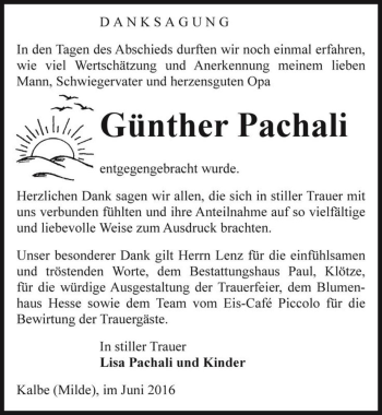 Traueranzeige von Günther Pachali  von Magdeburger Volksstimme