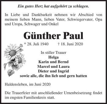 Traueranzeige von Günther Paul  von Magdeburger Volksstimme