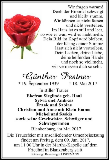 Traueranzeige von Günther Pestner  von Magdeburger Volksstimme