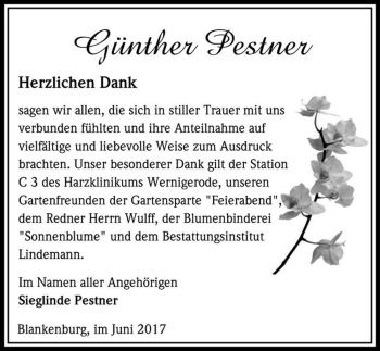 Traueranzeige von Günther Pestner  von Magdeburger Volksstimme