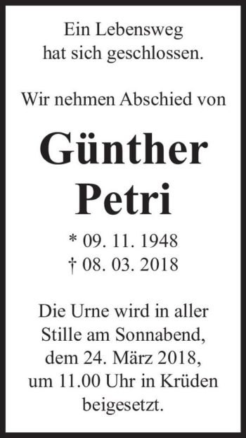 Traueranzeige von Günther Petri  von Magdeburger Volksstimme